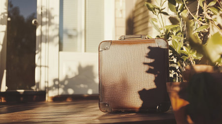A charming vintage leather suitcase rests on a sunlit wooden porch, surrounded by lush greenery. This scene evokes feelings of nostalgia and adventure, perfect for travel-themed projects.の素材