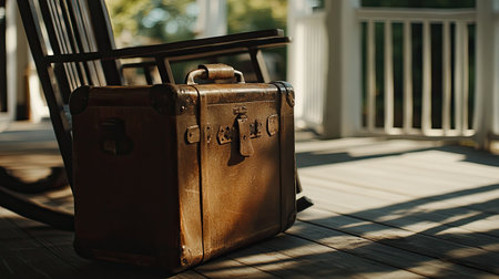 A vintage leather suitcase lies on the wooden porch next to a rocking chair, capturing a warm, nostalgic moment in sunlight, perfect for travel themes.の素材