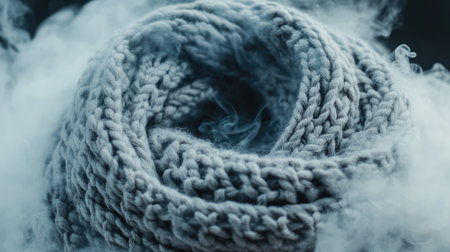 A close-up view of a cozy gray knit scarf surrounded by soft steam, evoking warmth and comfort, perfect for winter-themed imagery and fashion collections.の素材