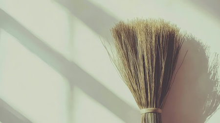 A natural straw broom rests against a wall, casting soft shadows in gentle light. The image conveys rustic charm and simplicity, ideal for home decor themes.の素材