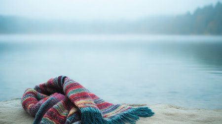A vibrant scarf lays on a stone by a tranquil lake, enveloped in soft fog, capturing the essence of nature and relaxation in a serene setting.の素材