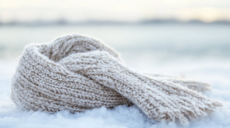 A soft, hand-knitted scarf elegantly lays on a blanket of fresh snow, capturing the essence of winter comfort and style in a serene outdoor setting.の素材