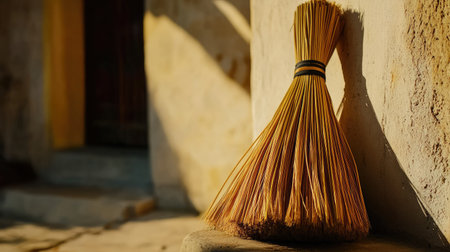 A traditional broom leans against a rustic wall, basking in the warm sunlight. The image captures natural materials and textures, evoking simplicity and tranquility.の素材