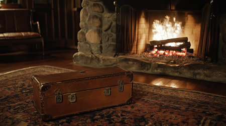 A warm and inviting living room scene features a vintage leather suitcase placed elegantly near a cozy stone fireplace, perfect for evoking nostalgia and comfort.の素材