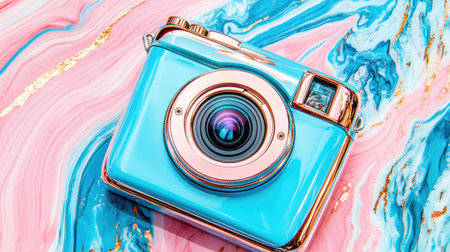 A vibrant vintage camera in a glossy turquoise finish sits on a colorful marble background with pink and blue swirls. Perfect for creative photography concepts.の素材