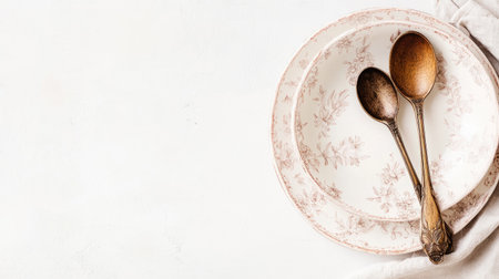 Discover a serene composition featuring elegant vintage plates and wooden spoons, perfect for inspiring rustic dining experiences and culinary creativity.の素材