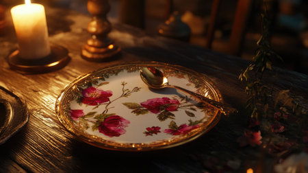 A beautifully arranged dinner setting featuring a floral plate, gleaming spoon, and soft candlelight on a rustic wooden table, creating a warm atmosphere for memorable dining experiences.の素材