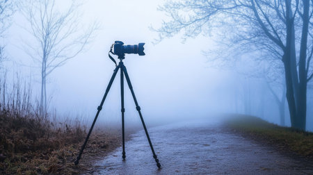 A striking photograph of a camera mounted on a tripod, set against a mysterious foggy landscape. Trees loom in the background, creating an atmospheric scene perfect for photography enthusiasts.の素材