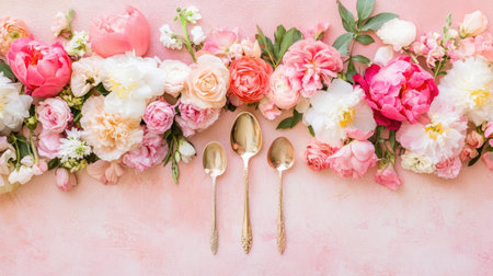 This stunning flat lay features a collection of vibrant flowers alongside vintage silver spoons, set against a soft pink background. Ideal for various themes.の素材