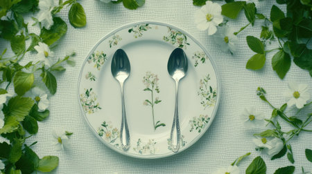 A serene table setting featuring a decorative floral plate and shiny silver spoons. Surrounded by fresh greenery and blossoms, it evokes elegance.の素材