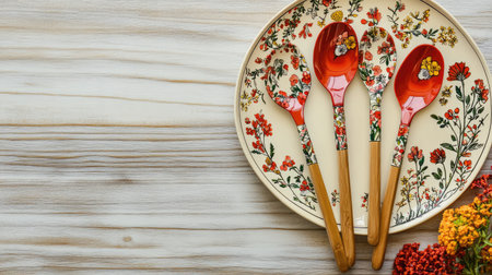 Adorned with floral patterns, these vintage spoons paired with a decorative plate create a charming kitchen display, ideal for adding warmth and style to dining experiences.の素材