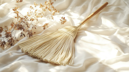A rustic natural broom rests on soft fabric alongside dried flowers, illuminated by warm sunlight. This serene composition evokes coziness and simplicity.の素材
