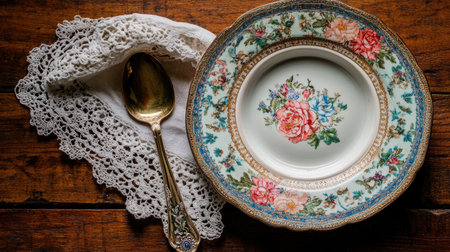 An exquisite vintage table setting showcases a floral plate paired with a delicate lace napkin and a polished silver spoon, creating a timeless elegance.の素材