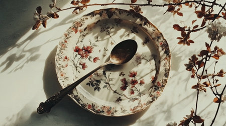 A beautifully arranged plate featuring floral designs accompanied by a silver spoon, set against a backdrop of delicate blooms and soft shadows.の素材