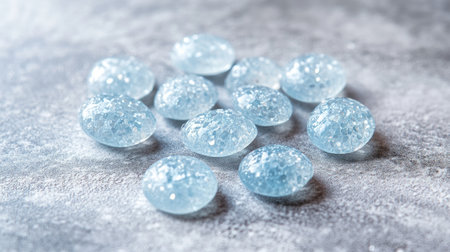 A close-up view of glimmering blue gel beads scattered on a soft gray surface, showcasing reflections and intricate textures, perfect for various creative projects.の素材