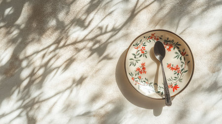 A charming vintage plate accompanied by a spoon rests on a textured background, casting beautiful shadows. This still life captures elegance and simplicity.の素材