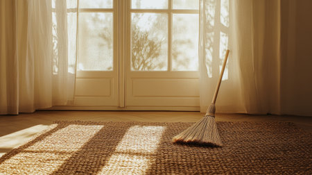 A serene interior scene featuring a broom beside a woven rug with sunlight streaming through sheer curtains, creating a tranquil atmosphere and inviting warmth.の素材