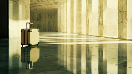 A striking minimalist image of a suitcase in a sunlit corridor, showcasing modern architecture and tranquil reflections, perfect for travel themes.の素材