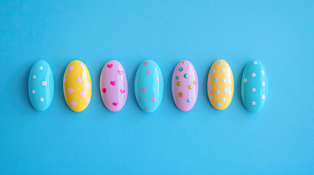 A vibrant collection of decorative Easter eggs displayed on a bright blue background. Each egg showcases unique patterns, making it perfect for spring celebrations and creative projects.の素材