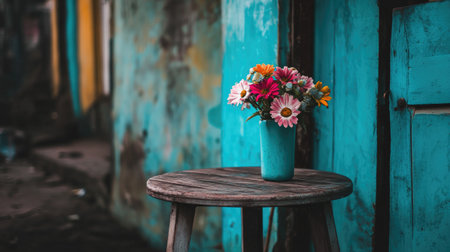 A charming display of a colorful flower bouquet in a blue pot atop a rustic wooden table. The vibrant wall adds character and beauty to the setting.の素材