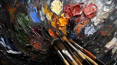 A close-up view of a vibrant artist's palette featuring an array of oils and brushes. The rich textures and colors blend beautifully, showcasing creativity and artistic expression.の素材