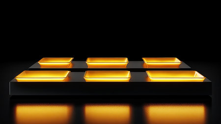 This image showcases a modern geometric design featuring glowing rectangular platforms set against a dark background, creating a striking ambiance.の素材