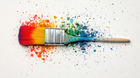 A beautifully arranged paint brush lies on a white surface, surrounded by a vibrant splash of colors, capturing the essence of creativity and art.の素材