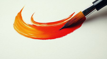 A dynamic and expressive brush stroke featuring rich red and orange tones brings life to a textured paper canvas, showcasing the artistry of painting.の素材