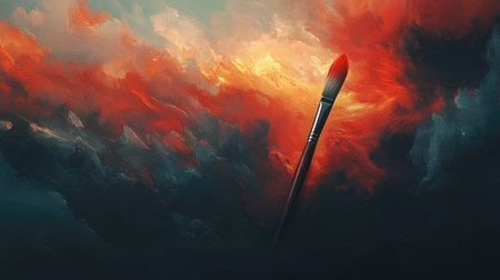 A mesmerizing image of a paintbrush emerging from a tumultuous sea of vibrant clouds, evoking passion and creativity in an artistic landscape.の素材
