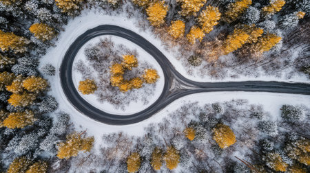A breathtaking aerial view of a winding road surrounded by a snowy landscape and vibrant yellow autumn foliage. This serene scene captures the beauty of nature.の素材