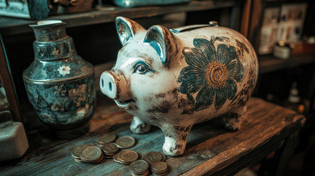 This charming vintage ceramic piggy bank features a beautiful floral design and sits among coins on a rustic wooden shelf, perfect for any decor.の素材