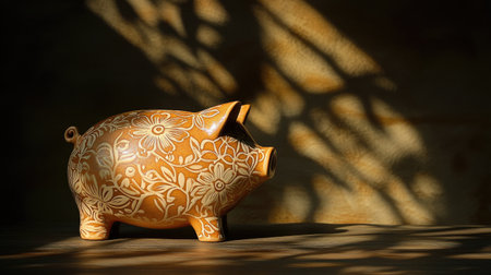 This unique piggy bank features an intricate floral design, beautifully capturing light and shadow on a wooden surface, perfect for home decor or savings themes.の素材