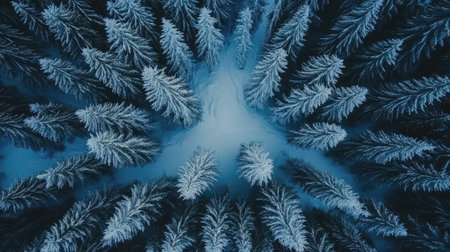 Discover a breathtaking aerial view of a serene snow-covered pine forest in winter, showcasing frosty trees and a tranquil atmosphere perfect for nature lovers.の素材