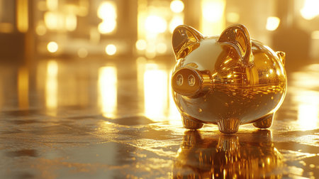 A shiny golden piggy bank stands on a reflective surface, illuminated by warm lighting, symbolizing savings and financial prosperity in a modern setting.の素材
