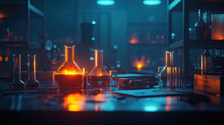 A captivating laboratory scene featuring glass flasks and beakers filled with glowing liquids. The dark environment emphasizes vibrant orange and blue colors, creating a dynamic backdrop for science and research themes. Perfect for visuals related to experimentation and discovery.の素材
