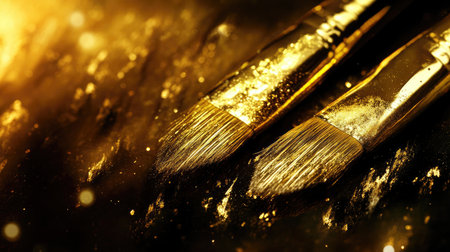 This stunning close-up image captures art brushes coated in shimmering gold glitter on a dark background, symbolizing creativity and luxury in art.の素材