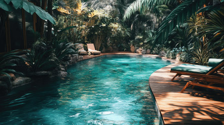 Discover a tranquil tropical oasis featuring a serene swimming pool surrounded by lush greenery and natural light. Perfect for relaxation and rejuvenation.の素材