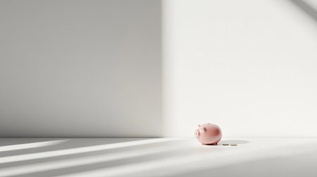 A minimalistic view of a pink piggy bank on a white surface, accompanied by a few coins. Strong light and shadows create a serene atmosphere, symbolizing savings.の素材