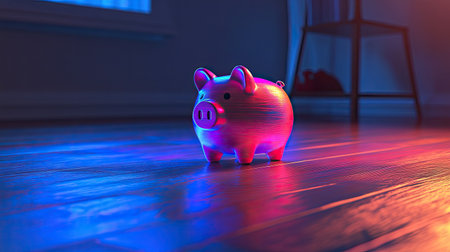 A vibrant piggy bank stands on a polished wooden floor, illuminated by soft blue and purple lights, representing the essence of saving and financial planning.の素材