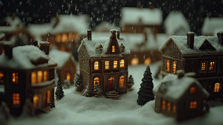 A picturesque winter village scene showcasing charming houses blanketed in snow, glowing warmly under the twilight sky, creating a magical holiday atmosphere.の素材