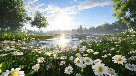 A captivating morning scene featuring blooming daisies surrounding a serene lake. Soft sunlight illuminates the landscape, reflecting off the water, creating a peaceful ambiance.の素材