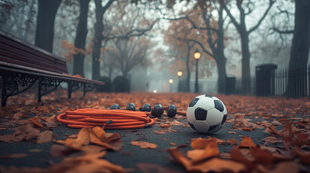 A peaceful autumn park scene featuring a soccer ball and jump rope among vibrant fallen leaves, captured in a thick morning fog. This tranquil setting invites outdoor exercise and inspires a connection to nature.の素材