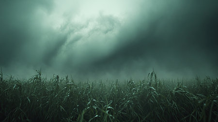Lush green field contrasts with dark, swirling clouds above, creating a dramatic and moody atmosphere that captures the essence of an impending storm.の素材