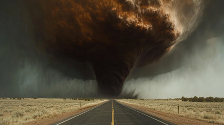 A striking image showcasing a powerful tornado swirling above an empty road, surrounded by eerie clouds and a dramatic landscape, evoking nature's fury.の素材