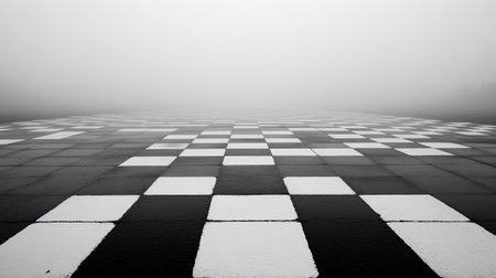 A striking black and white chessboard pattern emerges from a foggy landscape, evoking a sense of mystery and tranquility in an empty outdoor space.の素材
