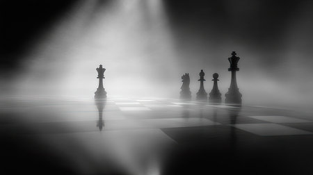 This captivating black and white image captures a chess scene shrouded in fog, emphasizing the chess pieces and their reflections, conveying an intense atmosphere of strategy and competition.の素材