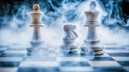 A captivating scene featuring elegant chess pieces, including a king and a knight, shrouded in mist on a checkered board. Perfect for themed imagery!の素材