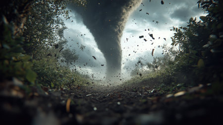 A striking image of a tornado forming in a rural landscape, showcasing dark clouds and flying debris that highlight the power of nature in turbulent conditions.の素材