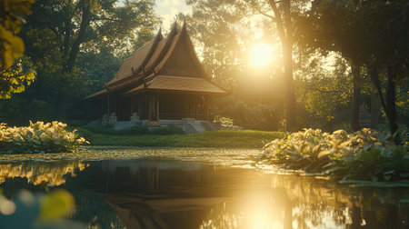 A tranquil scene featuring a traditional Asian pavilion at sunrise, surrounded by lush greenery and a reflective pond, evoking peace and harmony.の素材