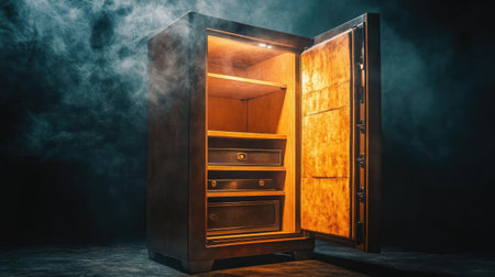 A beautifully crafted wooden safe with its door open, revealing inner drawers and illuminated by soft light. Smoke enhances the mysterious atmosphere.の素材